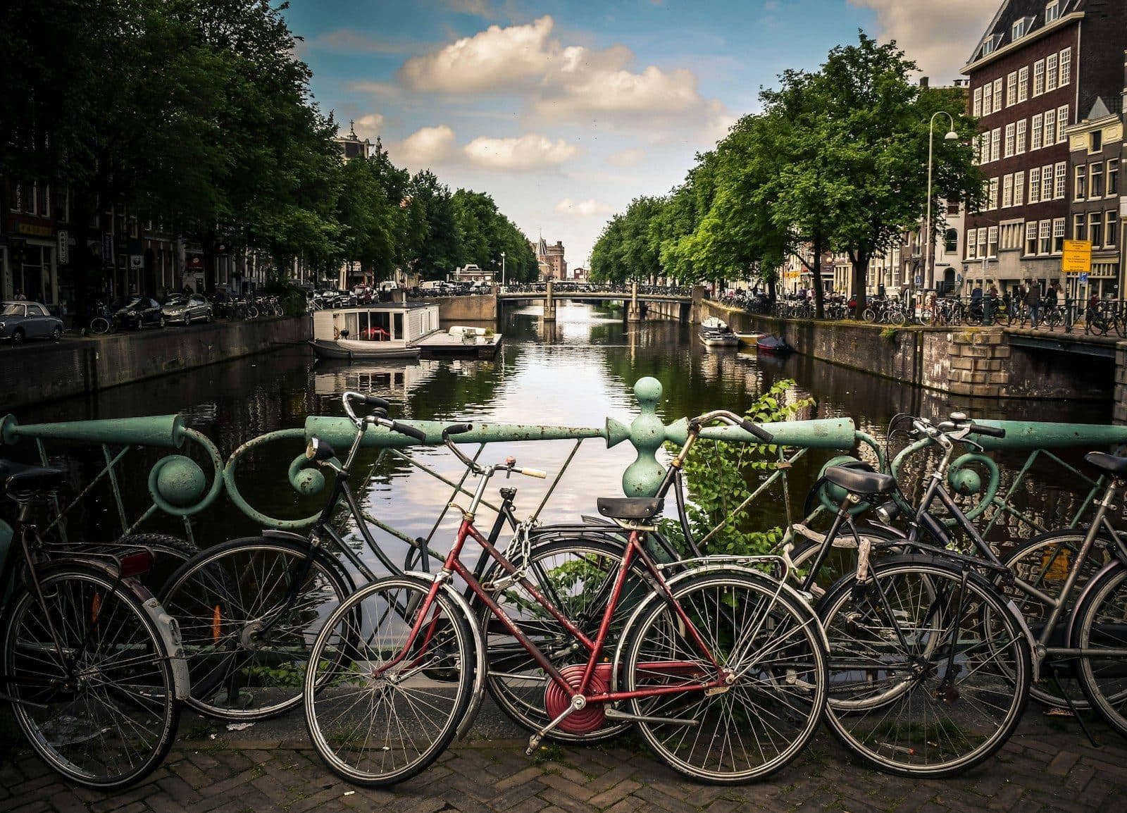 Bicycles parked on a bridge railing over an Amsterdam canal, lined with trees and canal houses