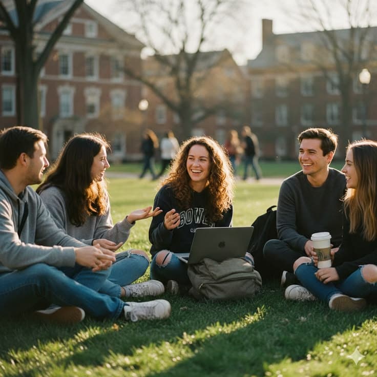University quad with students walking between historic buildings